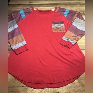 NWOT Raglan Dark Red Long Sleeve Shirt with Striped Sleeves 2XL